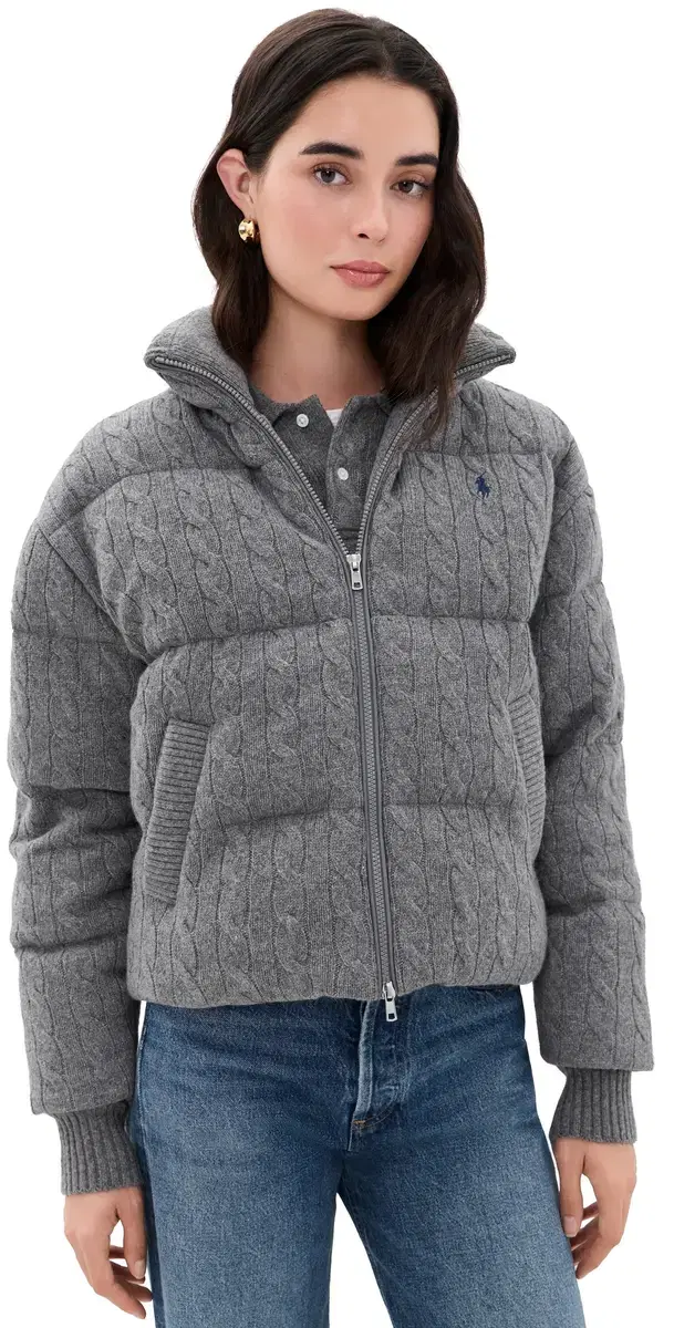 Polo Ralph Lauren Cable Knit Wool Cashmere Puffer Jacket Flannel Grey Heather