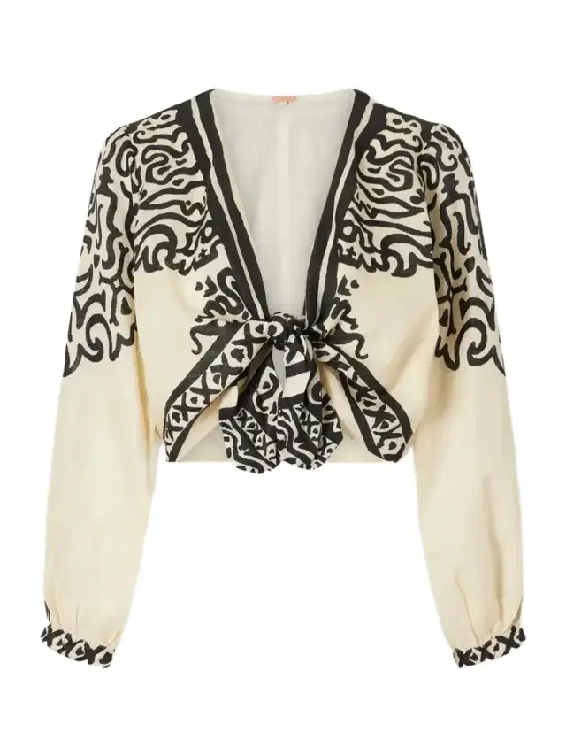 Johanna Ortiz Ancient Markings Tie-detailed Printed Linen Cropped Top