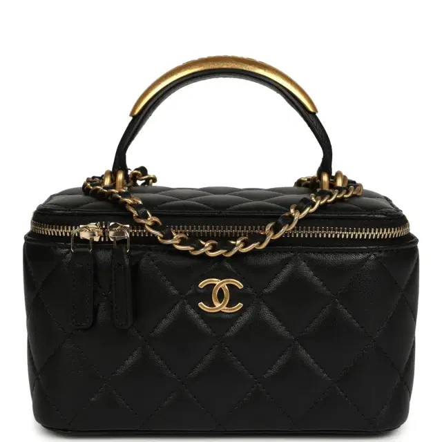 Chanel Chanel Small Top Handle Vanity Case with Chain Black Lambskin Antique Gold Hardware