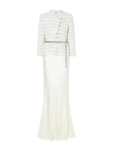 Self-Portrait Belted Satin And Bouclé Maxi Dress | Thumbnail 1