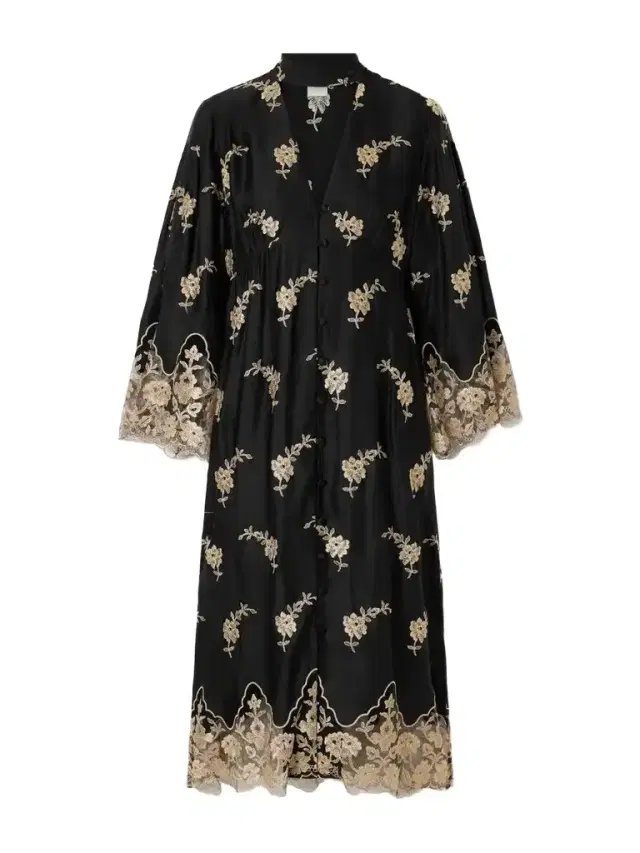 Loretta Caponi Sinalunga Floral-embroidered Lace-trimmed Satin Midi Dress