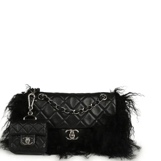 Chanel Pre-owned Chanel Medium "Tibet" Flap Bag & Mini Flap Bag Charm Black Lambskin, Goat Fur Silver Hardware