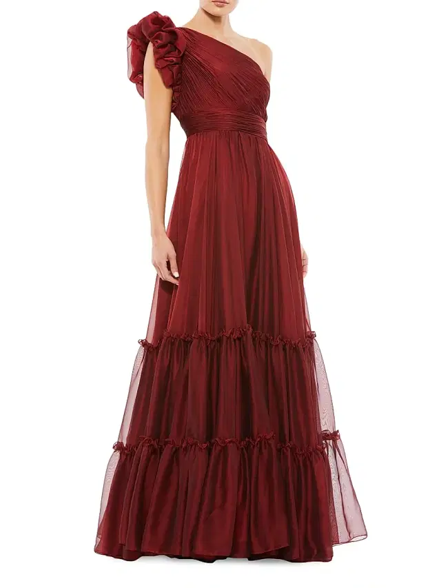 Mac Duggal Women's One-Shoulder Tiered Chiffon Gown - Wine
