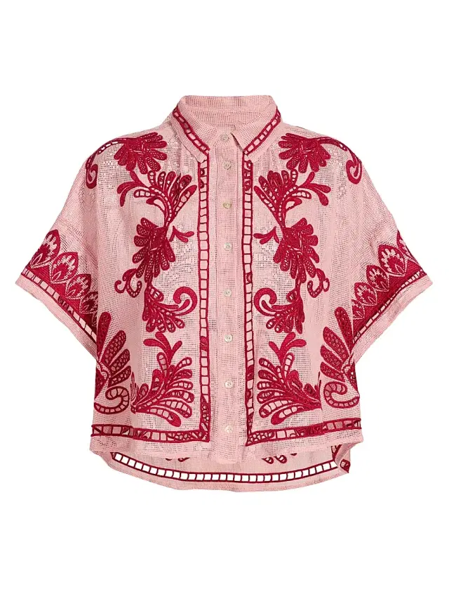 Farm Rio Women's Arabesc Embroidered Blouse - Light Pink