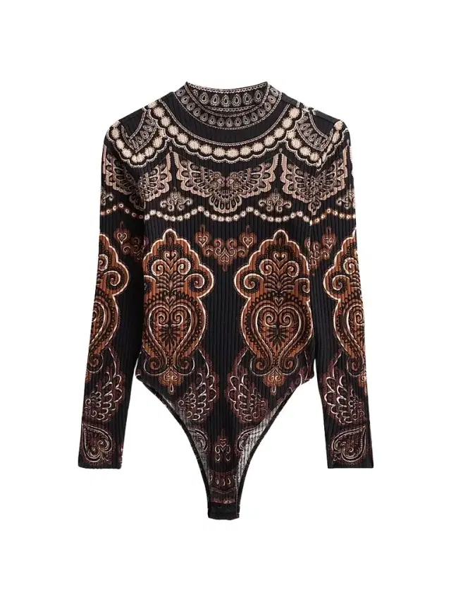 Farm Rio Women's Nicole Paisley Ribbed-Jersey Bodysuit - Black
