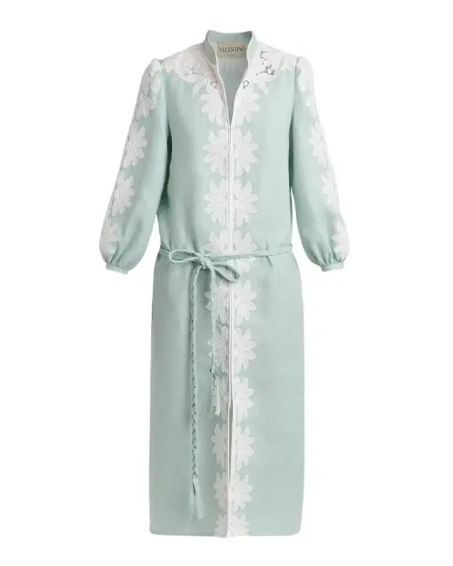 Valentino Garavani Floral Embroidered Linen Belted Midi Dress