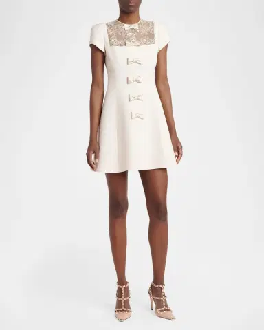 Valentino Garavani Short-Sleeve Lace-Yoke Bow Mini Dress | Thumbnail 2 Valentino Garavani Short-Sleeve Lace-Yoke Bow Mini Dress | Thumbnail 2