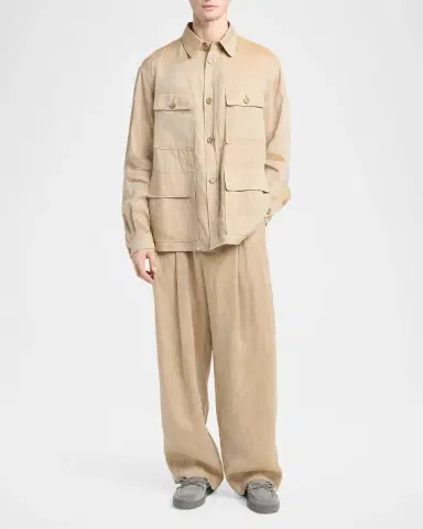 Giorgio Armani Men's Linen Oversized Straight-Leg Pleated Pants | Thumbnail 2 Giorgio Armani Men's Linen Oversized Straight-Leg Pleated Pants | Thumbnail 2