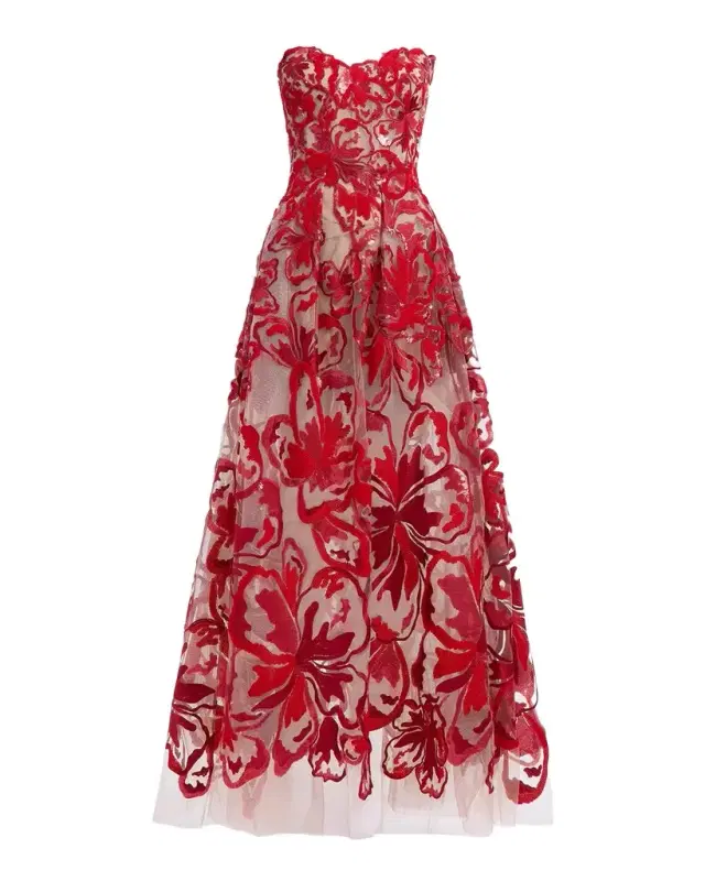 Elie Saab Strapless Sequined Velvet Floral Tulle Gown