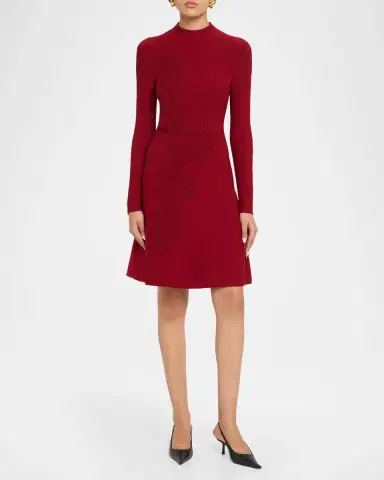 Lela Rose Floral Velvet Jacquard Long-Sleeve A-Line Dress | Thumbnail 2