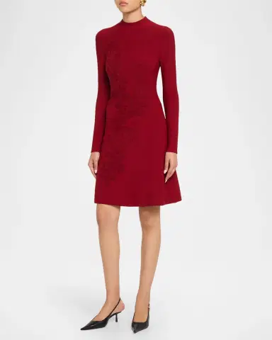 Lela Rose Floral Velvet Jacquard Long-Sleeve A-Line Dress | Thumbnail 4