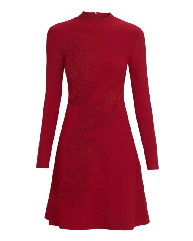 Lela Rose Floral Velvet Jacquard Long-Sleeve A-Line Dress