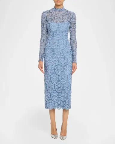 Lela Rose Chenille Lace Long-Sleeve Midi Dress | Thumbnail 2