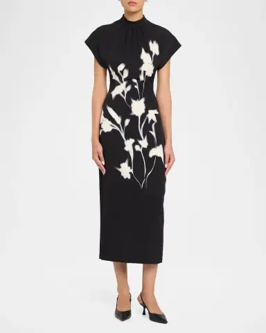 Lela Rose Mock-Neck Floral Crepe Stretch Midi Dress | Thumbnail 2