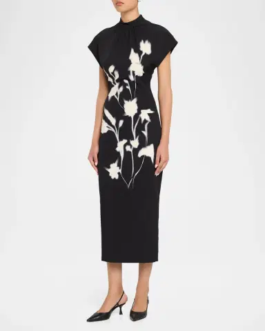 Lela Rose Mock-Neck Floral Crepe Stretch Midi Dress | Thumbnail 4
