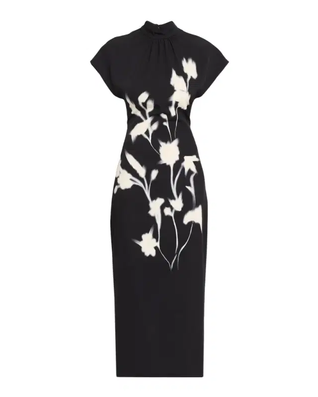 Lela Rose Mock-Neck Floral Crepe Stretch Midi Dress