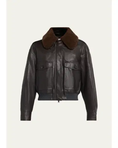 Brunello Cucinelli Waxed Leather Aviator Jacket With Lamb Shearling Collar | Thumbnail 1