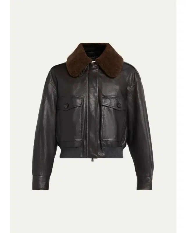 Brunello Cucinelli Waxed Leather Aviator Jacket With Lamb Shearling Collar