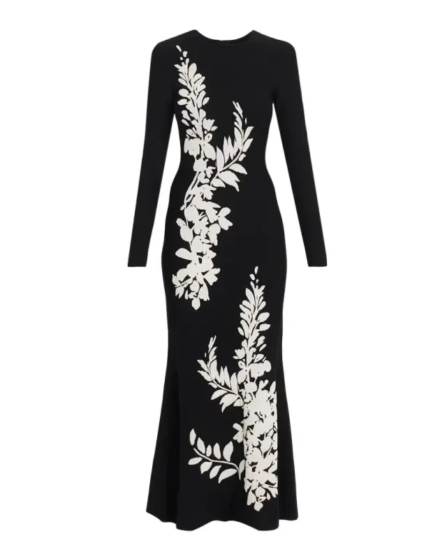 Lela Rose Velvet Jacquard Knit Long-Sleeve Ankle Dress