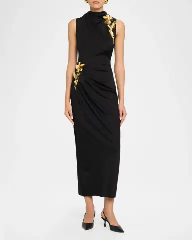 Lela Rose 3D Metallic Flower Draped Jersey Midi Dress | Thumbnail 2 Lela Rose 3D Metallic Flower Draped Jersey Midi Dress | Thumbnail 2