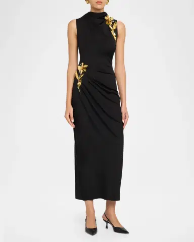 Lela Rose 3D Metallic Flower Draped Jersey Midi Dress | Thumbnail 4 Lela Rose 3D Metallic Flower Draped Jersey Midi Dress | Thumbnail 4