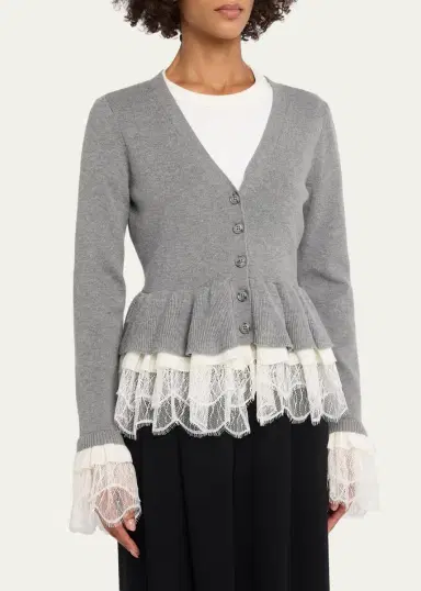 Cinq à Sept Dolly Ruffled Lace-Trimmed Peplum Cardigan | Thumbnail 4
