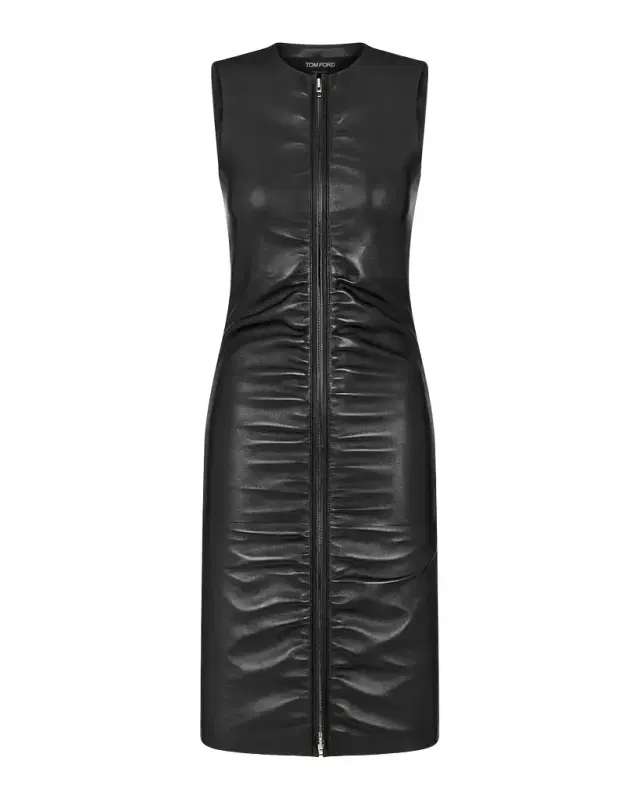 Tom Ford Sleeveless Ruched Zipper Leather Dress