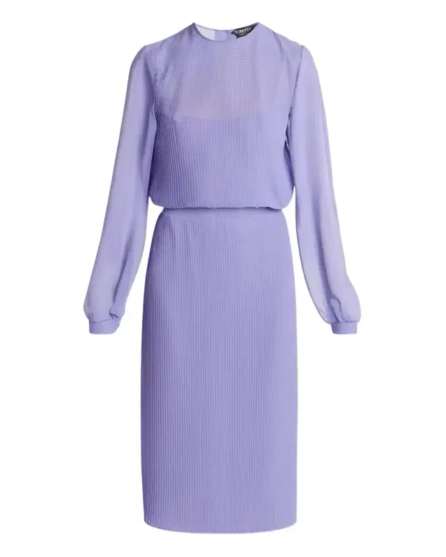 Tom Ford Pervinca Plisse Chiffon Long-Sleeve Midi Dress
