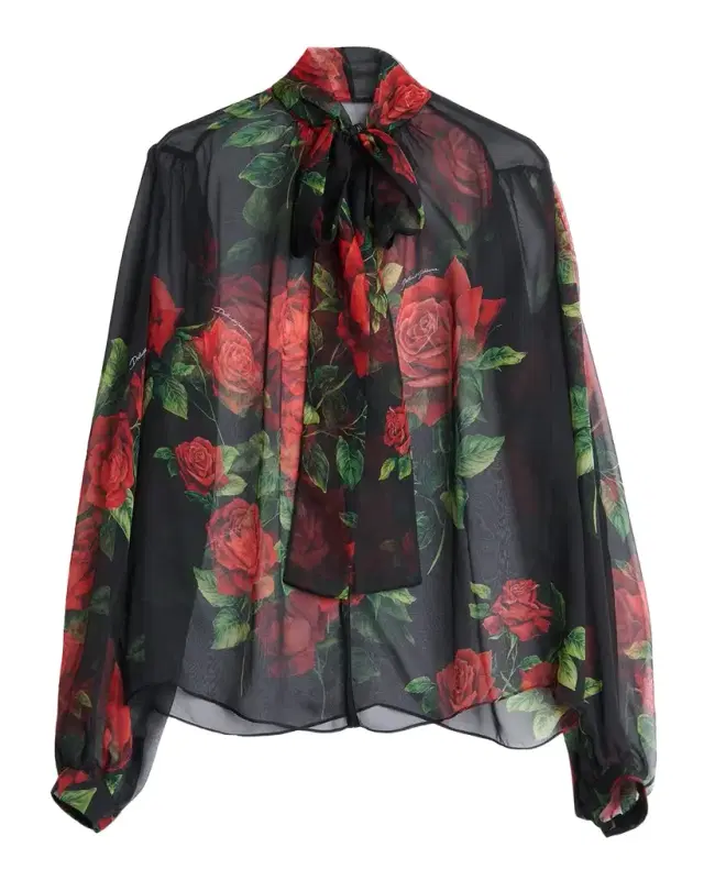 Dolce & Gabbana Rose-Print Silk Chiffon Bow-Neck Blouse