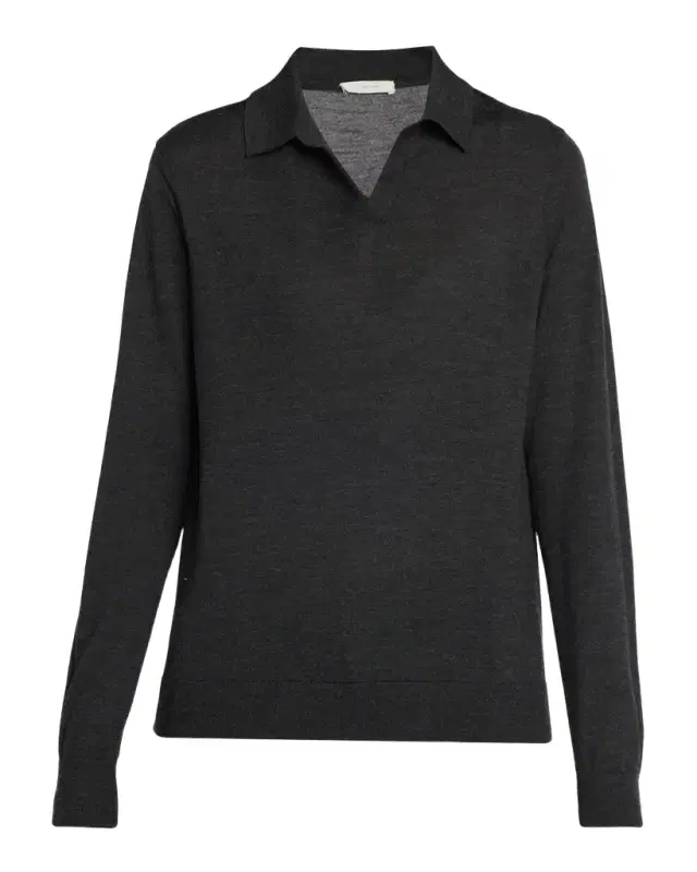 The Row Pauli Wool-Silk Jersey Long-Sleeve Polo Top