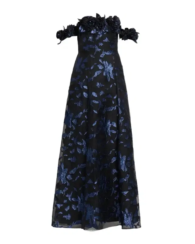 Aidan Mattox Off-Shoulder Metallic Organza Jacquard Gown