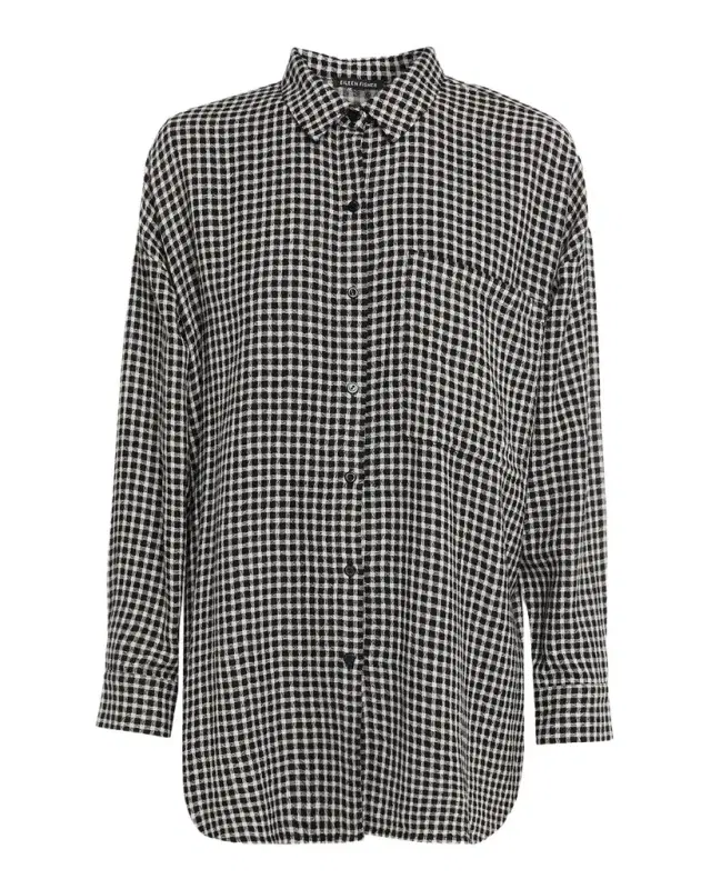 Eileen Fisher Crinkled Wool-Cotton Grid Shirt