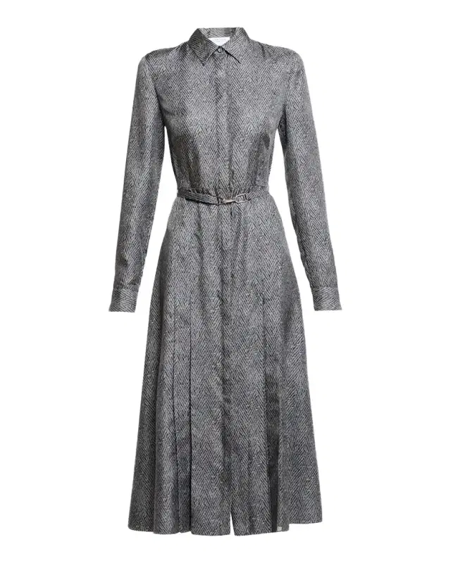 Gabriela Hearst Jane Herringbone Print Silk Belted Midi Shirtdress