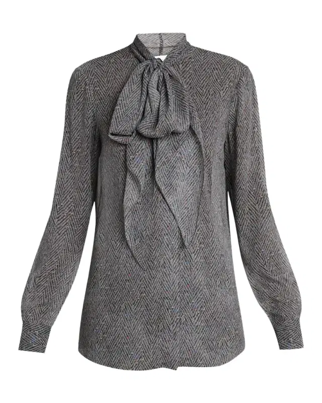 Gabriela Hearst Shildon Herringbone Silk Bow Button-Down Top