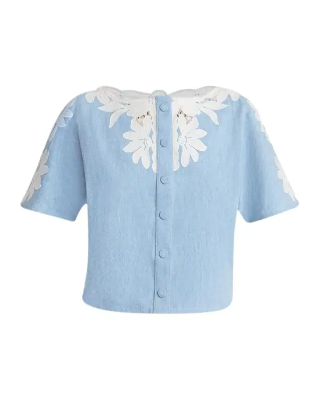 Valentino Garavani Short-Sleeve Floral Embroidered Denim Button-Front Top