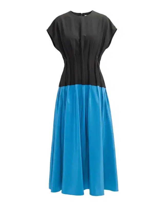 LOVEBIRDS Azure Pleated Colorblock Silk Midi Dress
