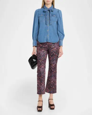 Cinq à Sept Adair Bishop-Sleeve Tie-Neck Chambray Blouse | Thumbnail 2