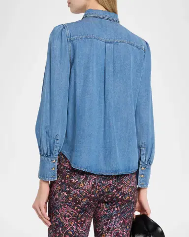 Cinq à Sept Adair Bishop-Sleeve Tie-Neck Chambray Blouse | Thumbnail 3