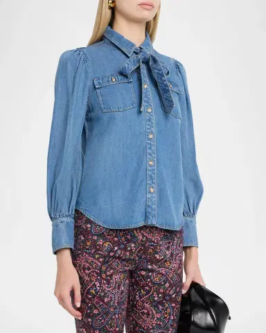 Cinq à Sept Adair Bishop-Sleeve Tie-Neck Chambray Blouse | Thumbnail 4