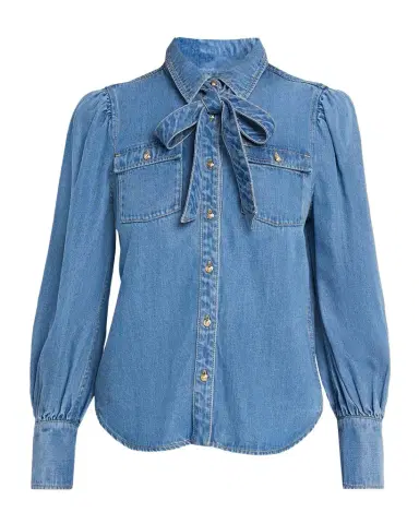 Cinq à Sept Adair Bishop-Sleeve Tie-Neck Chambray Blouse | Thumbnail 1