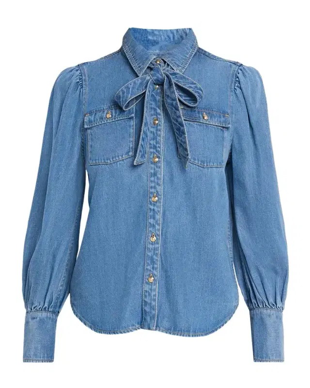 Cinq à Sept Adair Bishop-Sleeve Tie-Neck Chambray Blouse