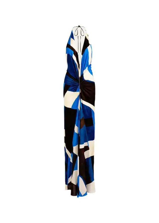 Silvia Tcherassi Malek Geo-Print Ruched Velvet Halter Maxi Dress