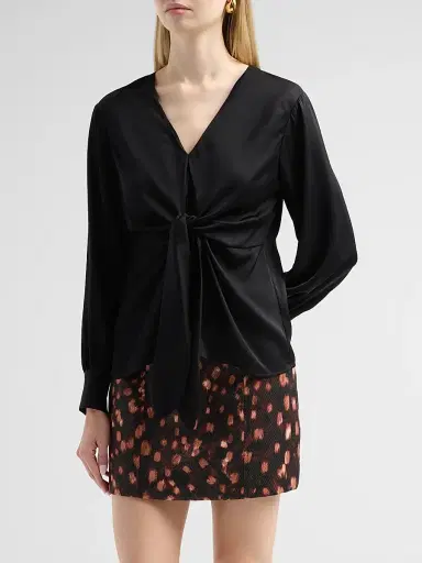 Milly Women's Noa Stretch-Silk Tie V-Neck Top - Black | Thumbnail 4