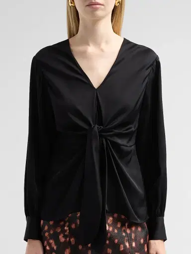 Milly Women's Noa Stretch-Silk Tie V-Neck Top - Black | Thumbnail 5