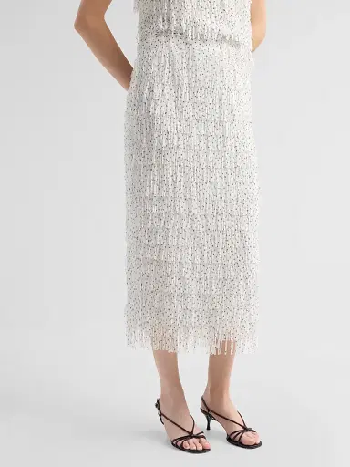 Milly Women's Roxanne Polka Dot Fringe Midi Skirt - White Black | Thumbnail 4
