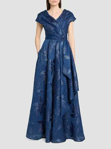 Talbot Runhof Women's Floral Jacquard Ballgown - Royal Navy - Size 12 | Thumbnail 2