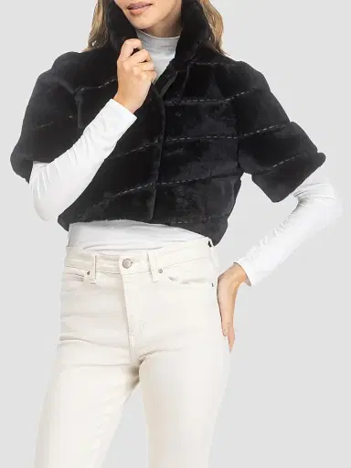 Gorski Women's Select Shearling Lamb Diagonal Bolero with Cropped Sleeves - Black - Size Large | Thumbnail 3