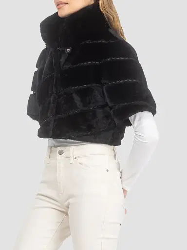 Gorski Women's Select Shearling Lamb Diagonal Bolero with Cropped Sleeves - Black - Size Large | Thumbnail 4