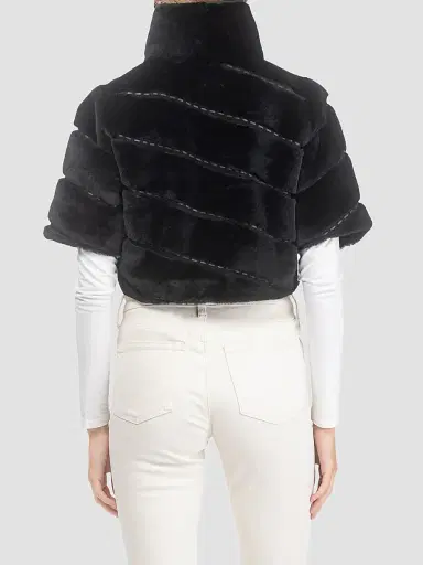 Gorski Women's Select Shearling Lamb Diagonal Bolero with Cropped Sleeves - Black - Size Large | Thumbnail 5