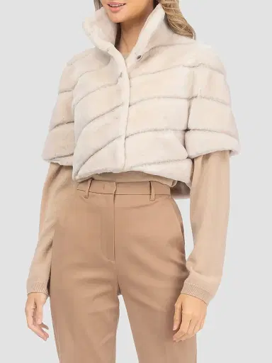 Gorski Women's Select Shearling Lamb Diagonal Bolero with Cropped Sleeves - Cream - Size Large | Thumbnail 3